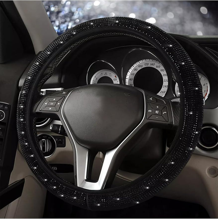 Diamond Leather Bling Steering Wheel Cover, Universal Car Steering Wheel Protector with Crystal Rhinestones Anti-Slip Soft Interior Accessories for Women and Girl Fit 15 Inch -Black
