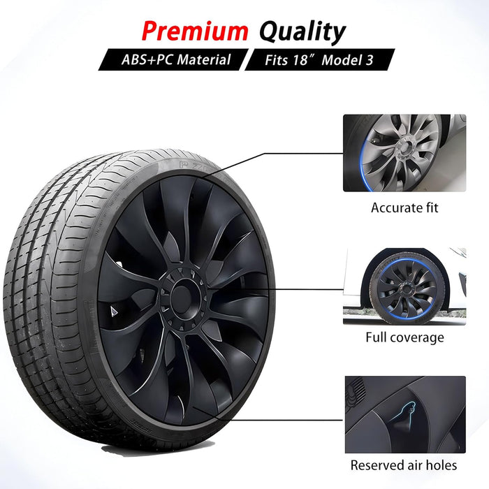 Fits Tesla Model 3 Wheel Cover Hubcap 18 Inch Matte Black Support Logo Symmetry Design (4 PCS) Uberturbine Style for 2017-2023 Model 3 Aero Wheel Cover Replacement