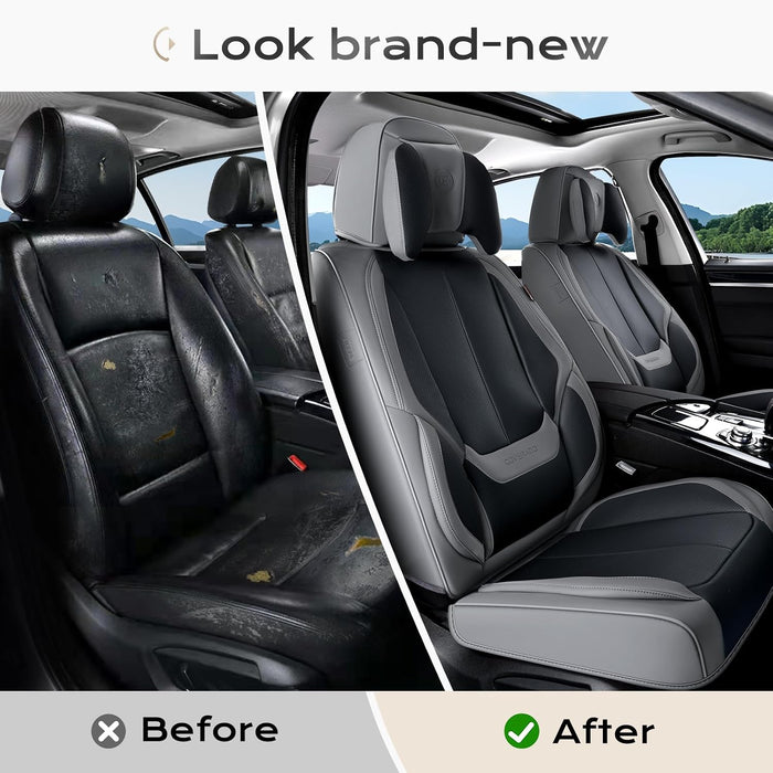  Leather Seat Covers Full Set, 5 Seats Seat Covers for Cars, Waterproof Nappa Leather Car Seat Covers with Head Pillow, Seat Protectors Car Seat Cushion Universal Fit for Most Cars (Gray&Black)