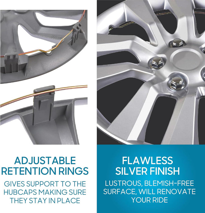(4-Pack) Premium 16 Inch Rim Wheel Cover Hubcaps for Cars Trucks Suvs Vans, Direct OEM Replacement Universal Fit Snap-On ABS Hubcaps 16 Inch Wheel Covers - Set of 4 Hub Caps - 10-Spokes Silver