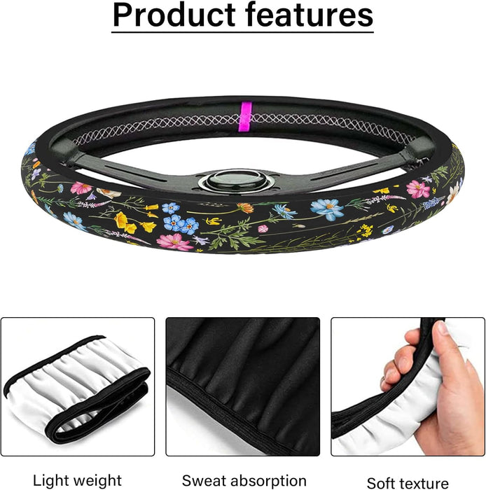 Car Steering Wheel Cover for Women Men, Non-Slip Breathable Steering Wheel, Wildflower Steering Wheel Protector, Car Accessories, Universal 14" 02/2-15" Fit Auto, Suvs