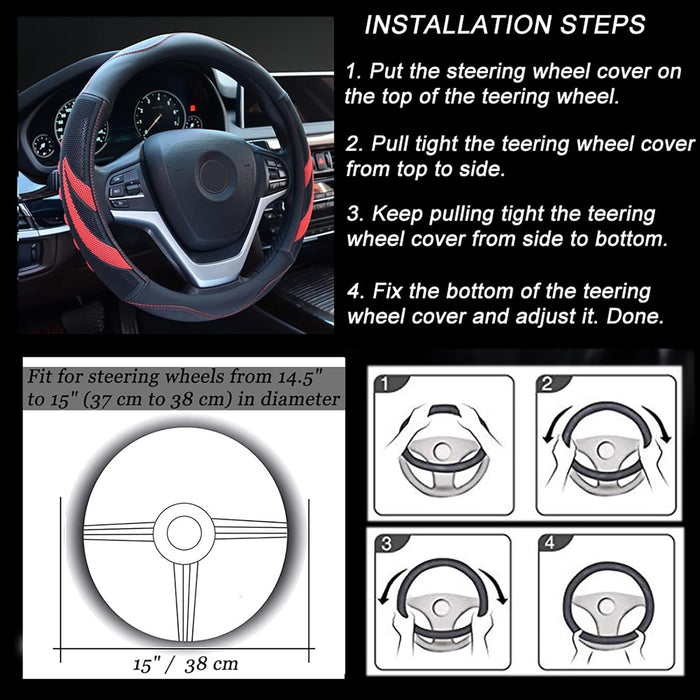 Microfiber Leather Steering Wheel Cover Breathable Auto Car Steering Wheel Cover for Women and Men Universal 15 Inches Red