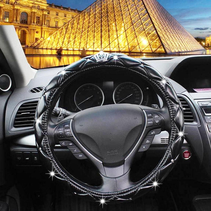 Full Sparkly Rhinestone Car Steering Wheel Cover Universal Leather Steering Wheel Cover Auto Car Styling Interior Decor Accessories (Black Crown)