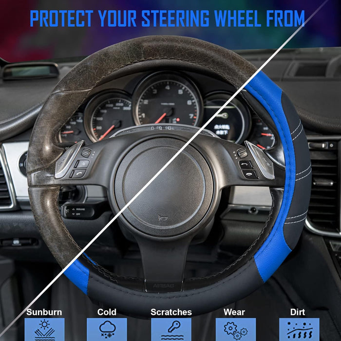 Line Rider Microfiber Leather Sporty Steering Wheel Cover Universal Fits for 95% Truck,Suv,Cars,14.5-15Inch Anti-Slip Safety Comfortable Desgin (Black-Blue)