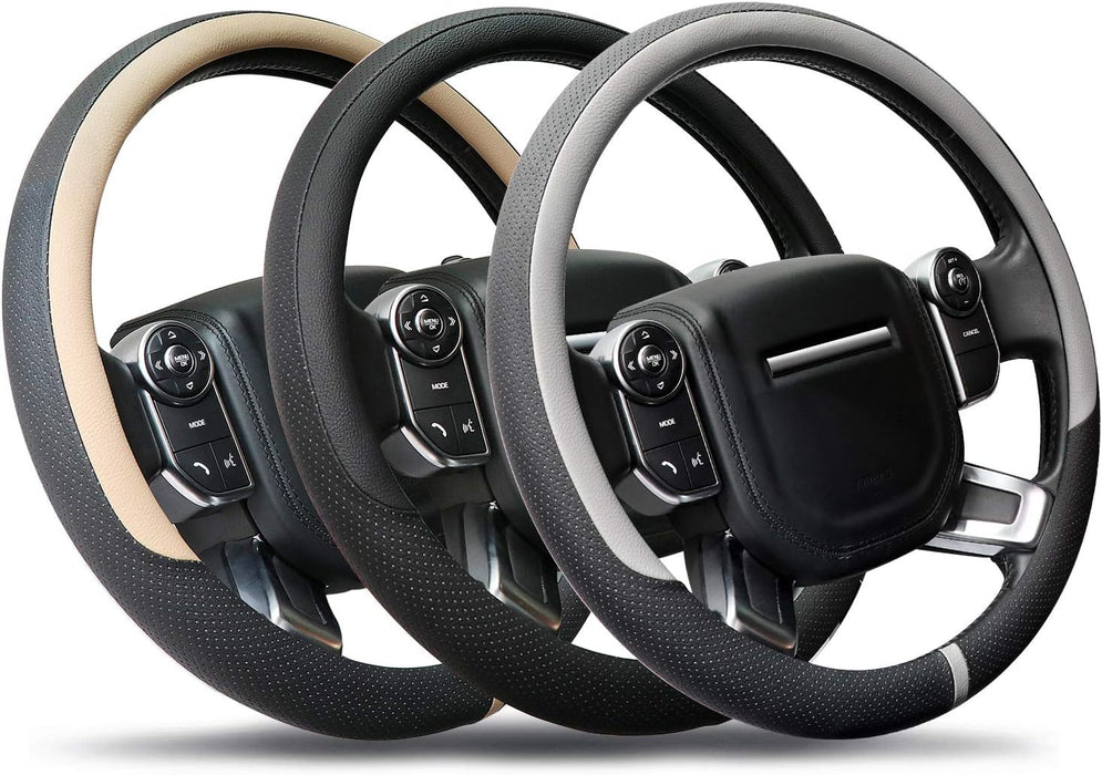 Breathable Car Steering Wheel Cover 16 Inch Auto Universal Leather Wrap Non-Slip Steeringwheel Protector Automotive Interior Accessories, Beige (Suit for 15.5-16 Inch)