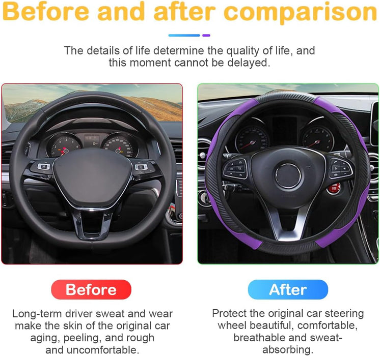 Car Steering Wheel Cover, 15 Inch Carbon Fiber Microfiber PU Leather Elastic Steering Wheel Protector for Men Women, Anti-Slip Breathable Car Interior Accessories for Most Cars (Purple)