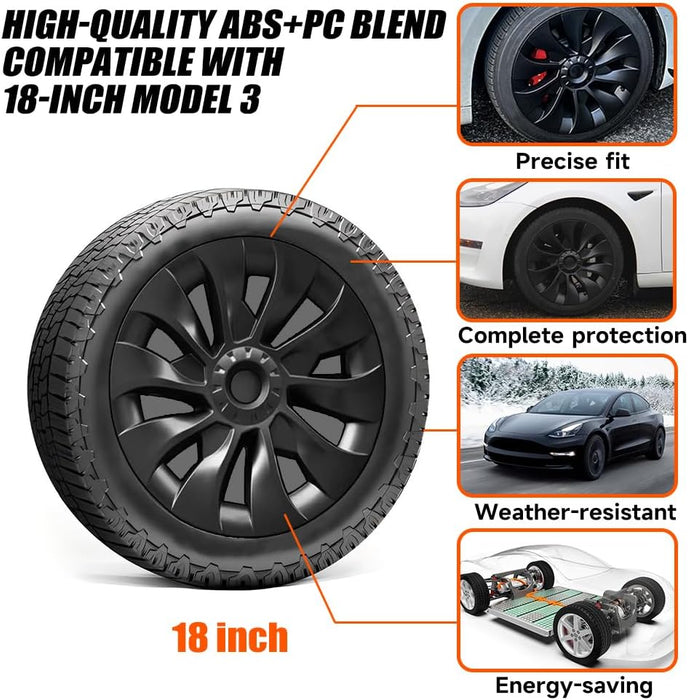 Wheel Covers for Tesla Model 3 2017-2023 18 Inch | 4 Pack ABS Model 3 Hubcaps OEM Replacement and Rim Protectors Exterior Accessories Matte Black