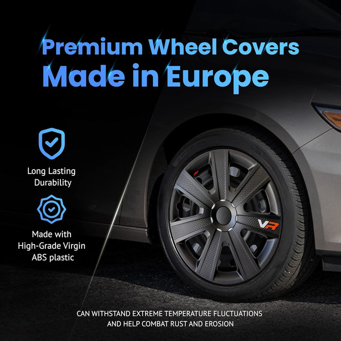 VR Carbon Vehicle Wheel Covers, Premium European-Made Rim Covers with 3-Step Retention System, Durable Hub Caps Fits Most Steel Wheels, Set of 4, 17 Inch