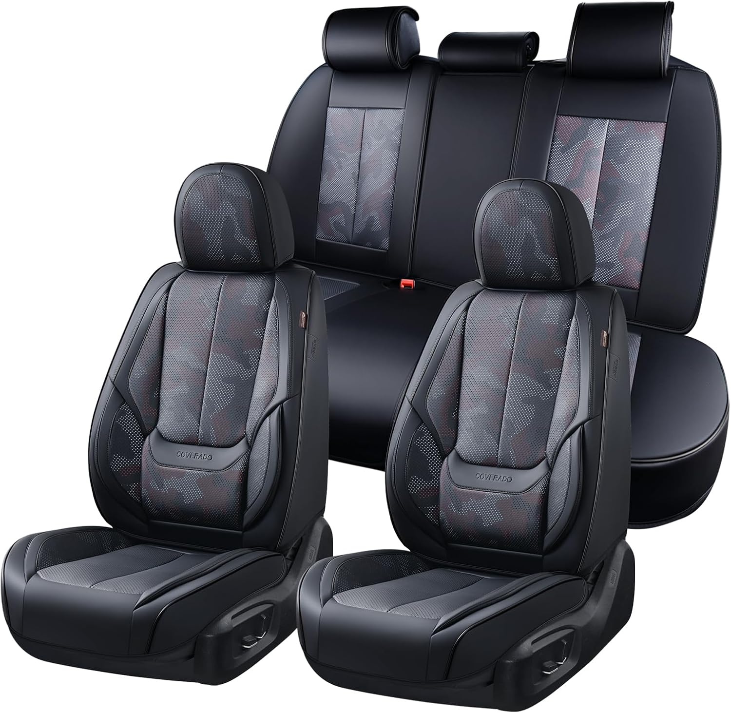 Leather Car Seat Covers Full Set – Waterproof Universal Seat Covers for Cars, SUVs & Trucks, Front & Rear Auto Seat Protector, Airbag Compatible, Black Camo