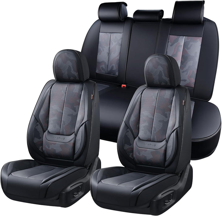 Leather Car Seat Covers Full Set – Waterproof Universal Seat Covers for Cars, SUVs & Trucks, Front & Rear Auto Seat Protector, Airbag Compatible, Black Camo