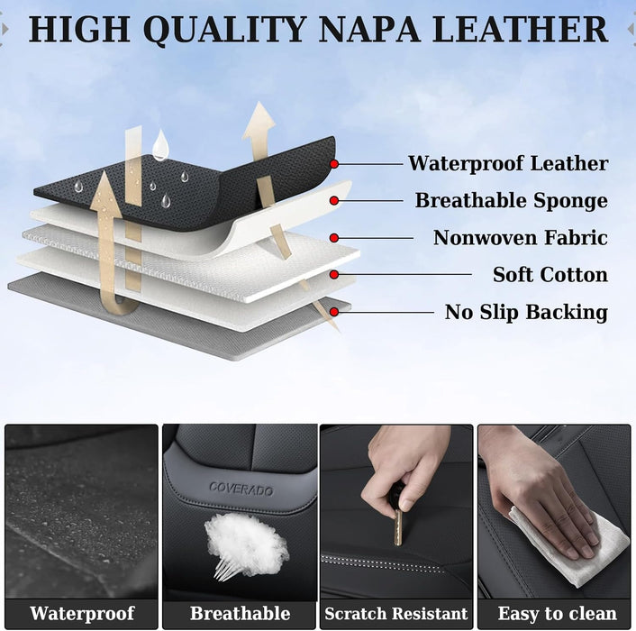 Seat Covers Full Set, Black Seat Covers for Cars 5 Seats, Car Seat Protector, Waterproof Nappa Leather Car Seat Cushion, Front and Rear Car Seat Cover Fit for Most Sedans SUV Pick-Up Truck