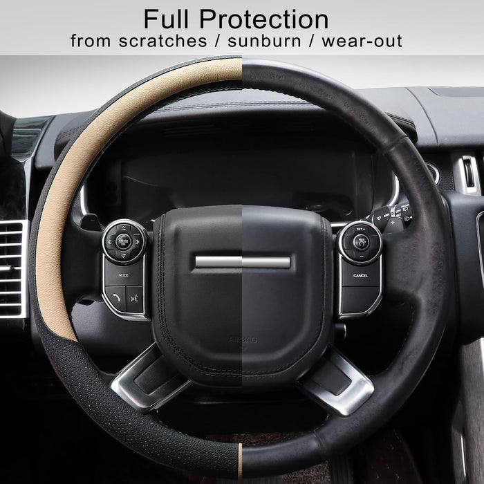 Breathable Car Steering Wheel Cover 16 Inch Auto Universal Leather Wrap Non-Slip Steeringwheel Protector Automotive Interior Accessories, Beige (Suit for 15.5-16 Inch)