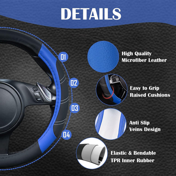 Line Rider Microfiber Leather Sporty Steering Wheel Cover Universal Fits for 95% Truck,Suv,Cars,14.5-15Inch Anti-Slip Safety Comfortable Desgin (Black-Blue)