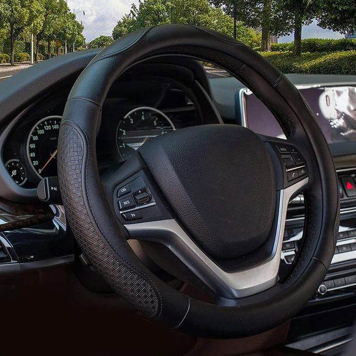 Leather Steering Wheel Covers Universal 15 Inch -Breathable, anti Slip & Odor Free (Black with Black Lines,M(14
