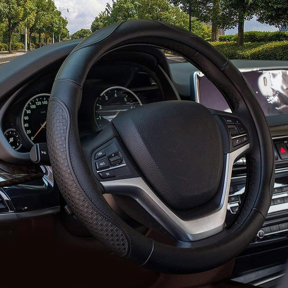 Leather Steering Wheel Covers Universal 15 Inch -Breathable, anti Slip & Odor Free (Black with Black Lines,M(14" 1/2-15" 1/4))