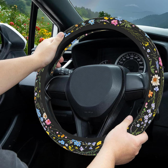 Car Steering Wheel Cover for Women Men, Non-Slip Breathable Steering Wheel, Wildflower Steering Wheel Protector, Car Accessories, Universal 14" 02/2-15" Fit Auto, Suvs