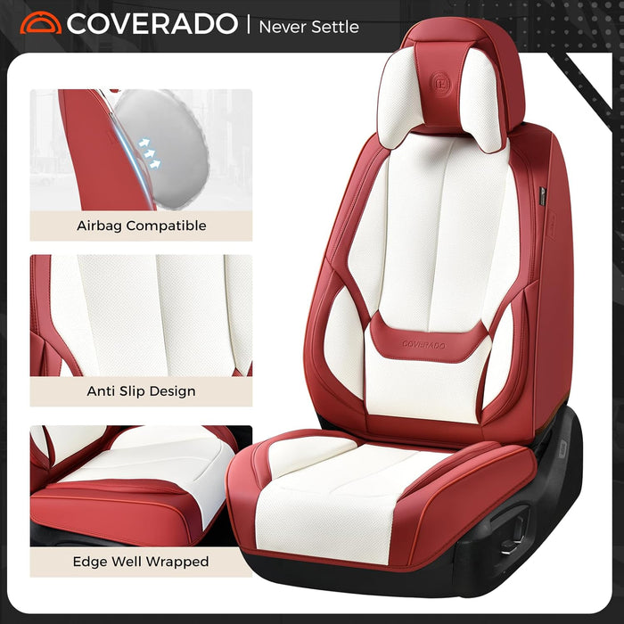 Transform Your Ride with Our Stylish 5-Piece Waterproof Nappa Leather Car Seat Cover Set - Universal Fit in Red & White with Head Pillow