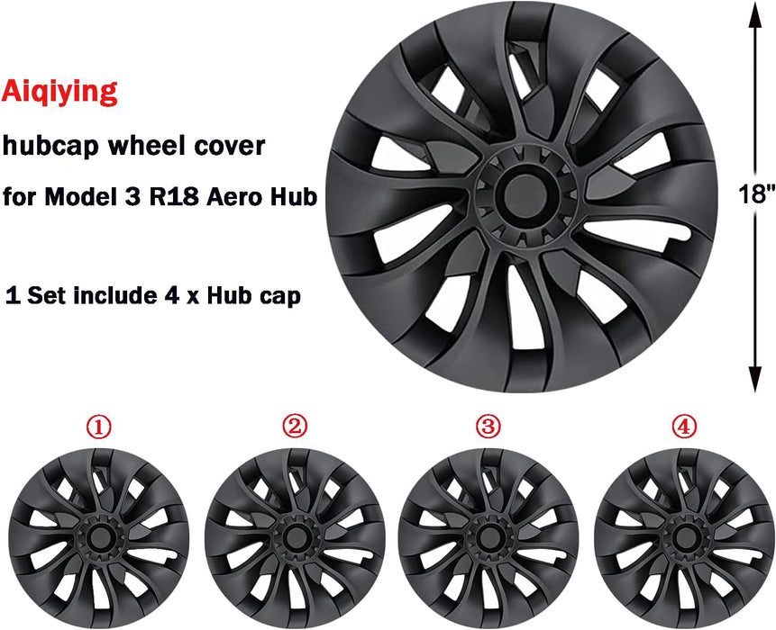 Hubcap Wheel Cover Replacement Compatible with 2017-2023 Model 3 R18 Aero Hub，Uberturbine Style Wheel Rim Protector ABS Kit Accessories Improvement -Set of 4 without Center Stickers（18-Inch Black）