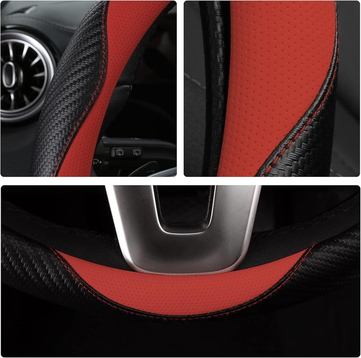 Car Steering Wheel Covers for Women Padded Carbon Fiber PU Leather Cute Auto Interior Accessories for Vehicle, Sedan, Universal, anti Slip, Red, Standard Size 14.5-15"(37-38Cm)