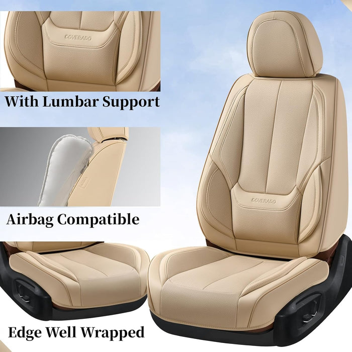 Universal Leather Car Seat Covers Full Set for Cars, SUVs & Trucks – Waterproof Front & Rear Seat Covers, Airbag Compatible, Beige, Fits Most Vehicles