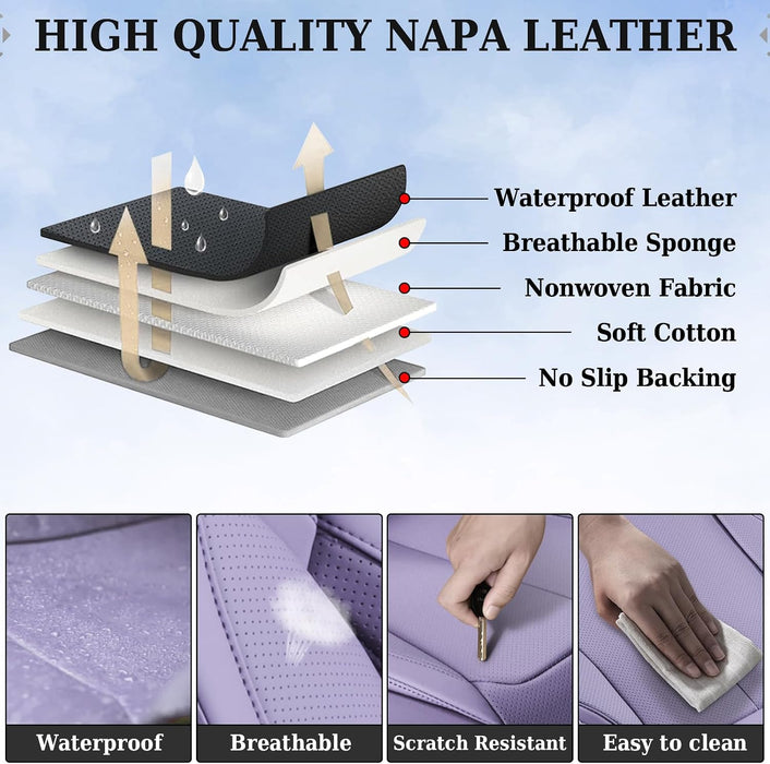Universal Seat Covers Full Set, 5 Seats Universal Seat Covers for Cars, Waterproof NAPPA Leather Car Seat Covers with Head Pillow, Auto Protectors Fit for Most Sedans SUV Pick-Up Truck-Purple