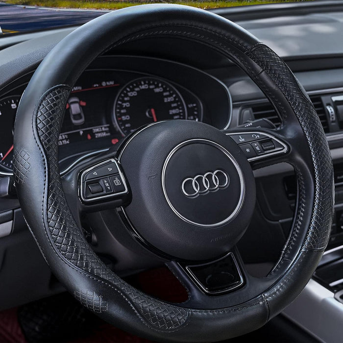 Heavy Duty Pure Cowhide Steering Wheel Cover, Black Genuine Leather Steering Wheel Cover Men Women Universal 14.5 to 15 Inch