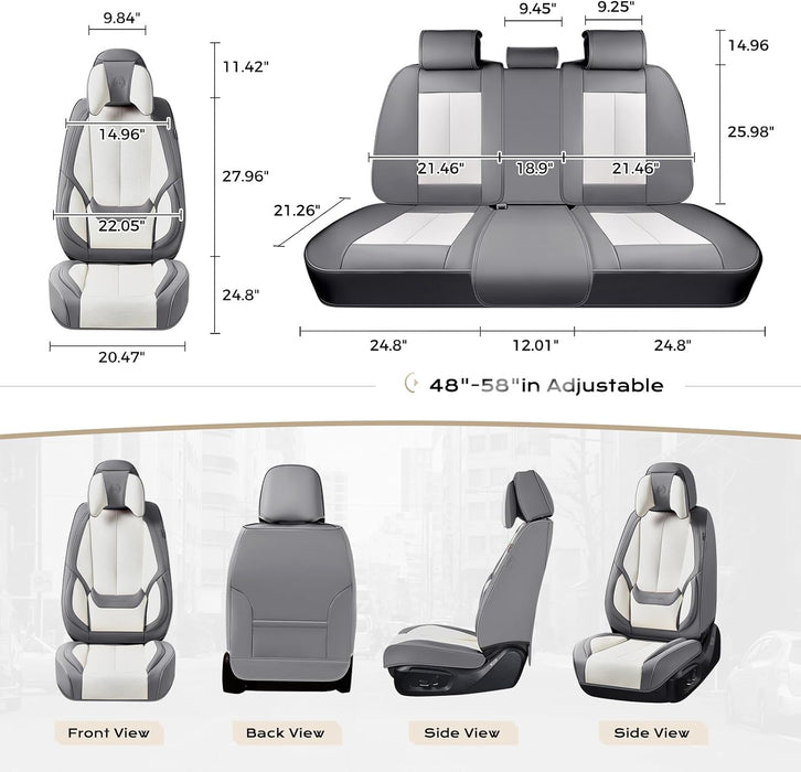 **Universal Waterproof Nappa Leather Car Seat Covers Full Set for 5 Seats – Luxury Seat Protectors with Head Pillows, Airbag Compatible, Universal Fit for Cars, SUVs & Trucks, Gray & White*