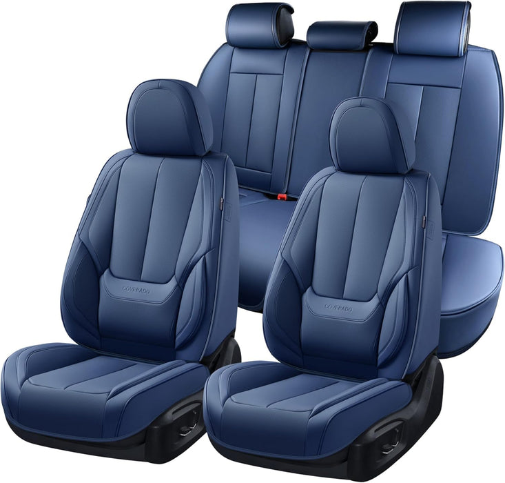 Premium Blue Leather Seat Covers Full Set for Cars - Universal Fit Front and Rear Protection with Waterproof and Stain Resistant Features