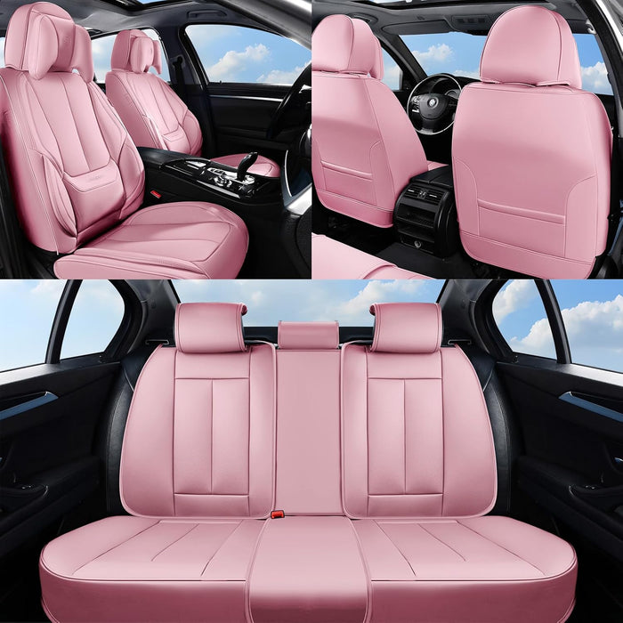 Universal Car Seat Covers Full Set – Waterproof Nappa Leather Seat Covers for Cars, SUVs & Trucks, Luxury Interior Protection with Head Pillows, Pink