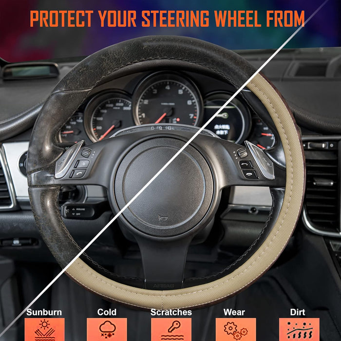 Wood Grain Microfiber Leather Steering Wheel Cover, Universal Fit for 14 1/2-15 Inch Beige Steering Wheel, Anti-Slip Veins Design, Cars,Suvs,Minivans, Sedans (Beige)