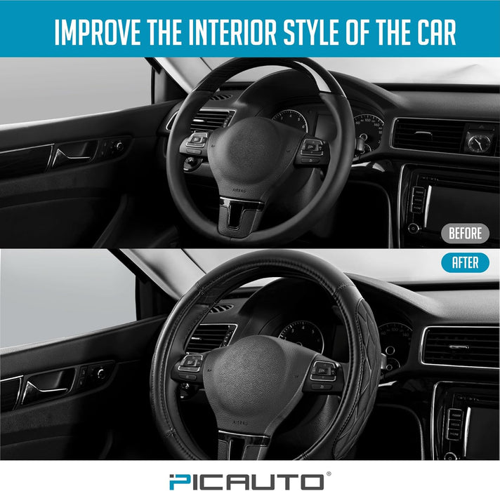 Steering Wheel Cover, Black Thick Rhombic Foam and Premium Leather, Universal 14.5-15.5 Inch Breathable Anti-Slip Steering Wheels Accessories for Men & Women