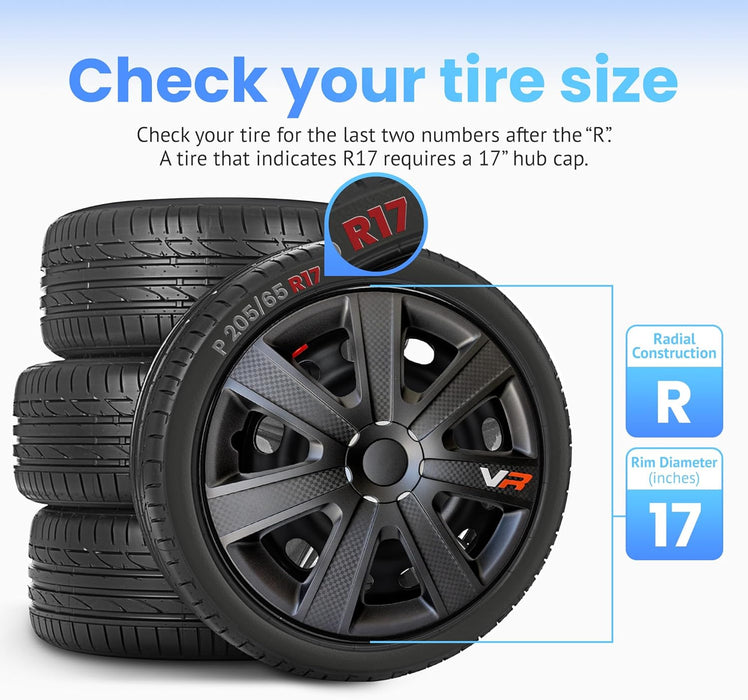 VR Carbon Vehicle Wheel Covers, Premium European-Made Rim Covers with 3-Step Retention System, Durable Hub Caps Fits Most Steel Wheels, Set of 4, 17 Inch