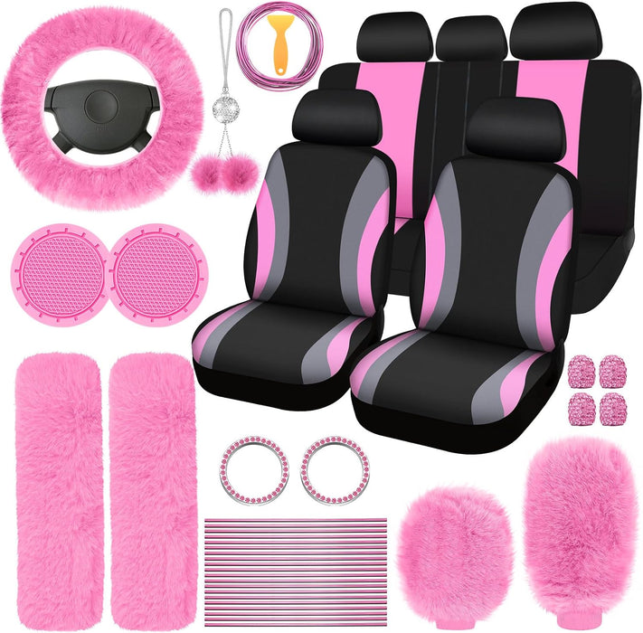 43 Pcs Car Seat Cover Full Set for Women Christmas Fuzzy Car Accessories Fluffy Steering Wheel Cover Front Rear & Belt Handbrake Shift Accessory for Winter (Rose Red)