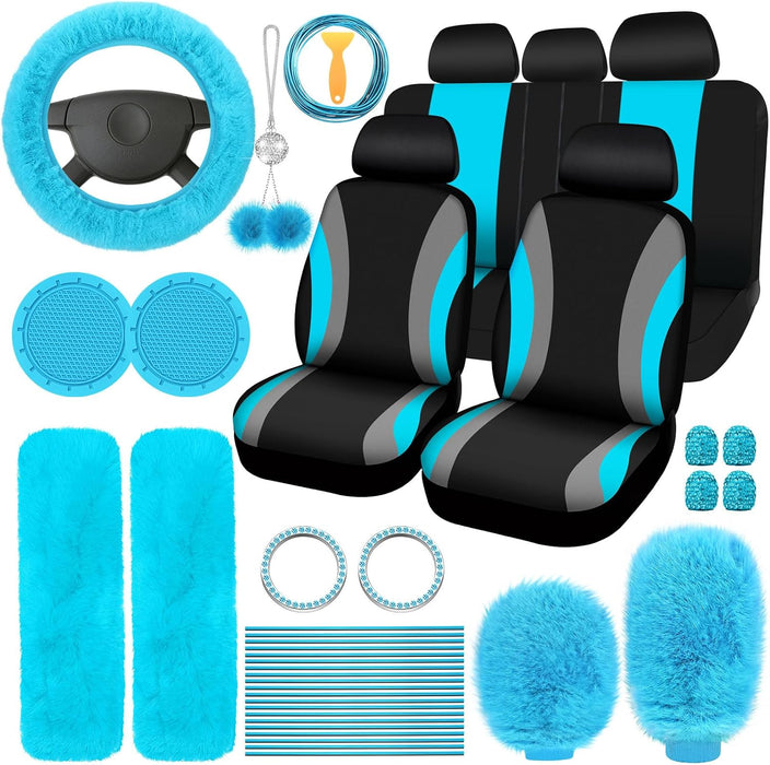 43 Pcs Car Seat Cover Full Set for Women Christmas Fuzzy Car Accessories Fluffy Steering Wheel Cover Front Rear & Belt Handbrake Shift Accessory for Winter (Rose Red)
