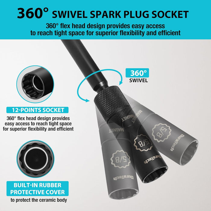 5/8" Swivel Magnetic Spark Plug Socket, 1MM Thin Wall Spark Plugs Socket with 12-Point, Enhanced Magnetic Head & Manganese Phosphate Coating, 3/8" Drive X 6" Total Length, Cr-V Steel Made