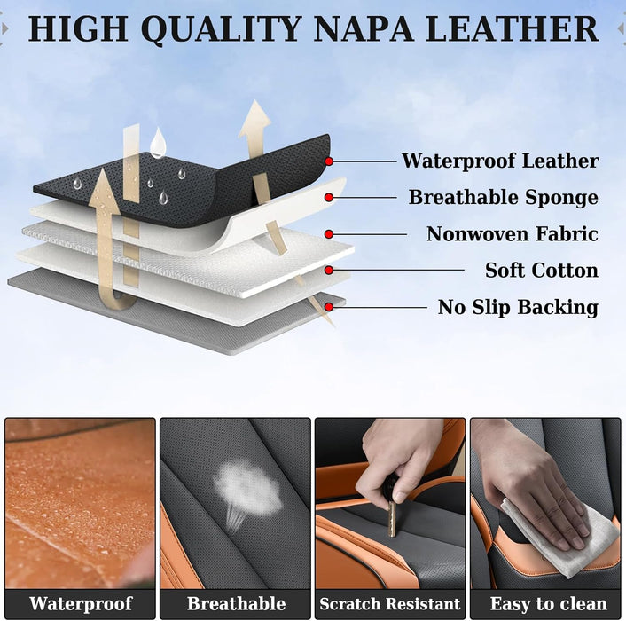 Universal Waterproof Nappa Leather Car Seat Covers Full Set for 5 Seats, Airbag Compatible, Black & Brown, Fits Cars, SUVs & Trucks