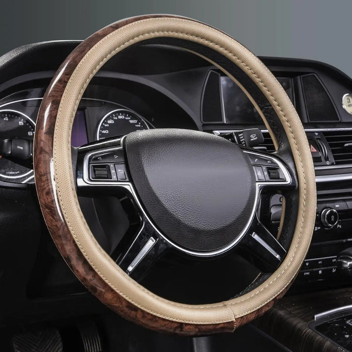 Universal Black Microfiber Leather Steering Wheel Cover – Wood Grain Trim, Anti-Slip Grip, Fits 14.5-15 Inch Steering Wheels for Cars, SUVs, Trucks & Vans