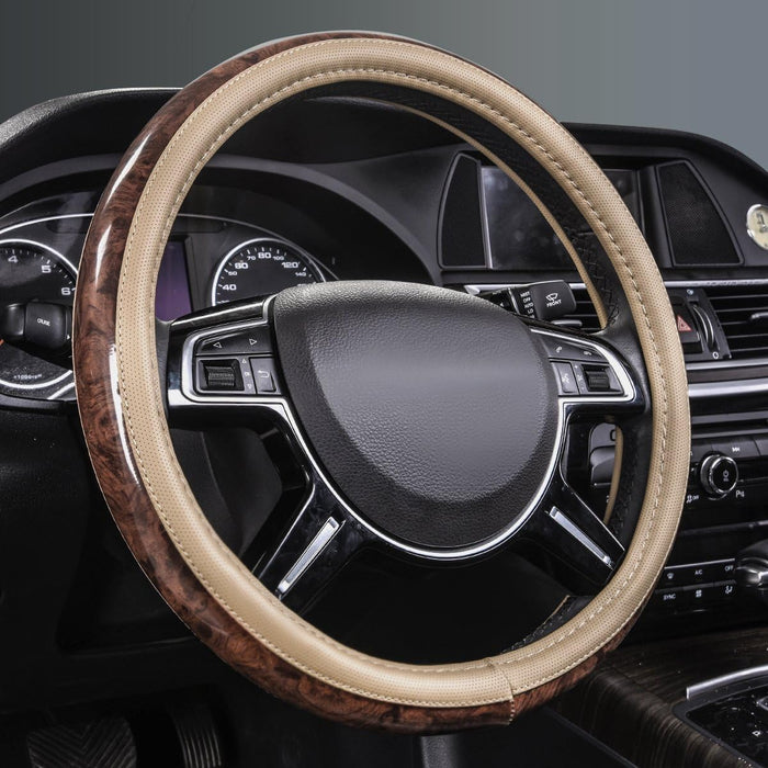 Wood Grain Microfiber Leather Steering Wheel Cover, Universal Fit for 14 1/2-15 Inch Beige Steering Wheel, Anti-Slip Veins Design, Cars,Suvs,Minivans, Sedans (Beige)