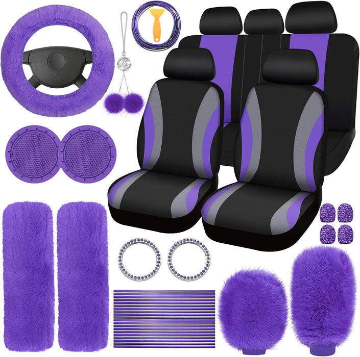 43 Pcs Car Seat Cover Full Set for Women Christmas Fuzzy Car Accessories Fluffy Steering Wheel Cover Front Rear & Belt Handbrake Shift Accessory for Winter (Rose Red)