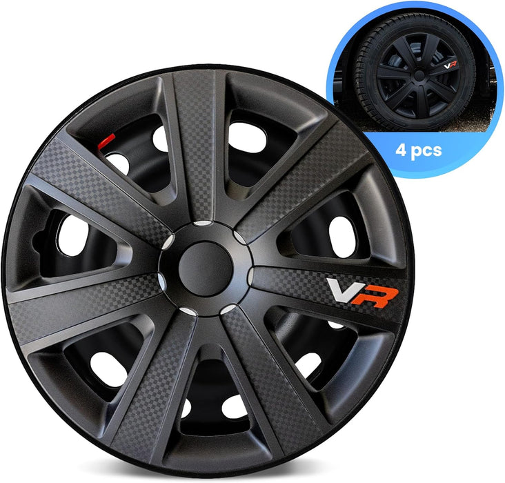 VR Carbon Vehicle Wheel Covers, Premium European-Made Rim Covers with 3-Step Retention System, Durable Hub Caps Fits Most Steel Wheels, Set of 4, 17 Inch