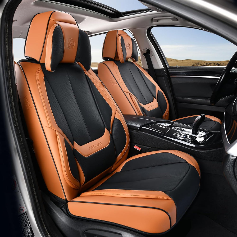 Universal Waterproof Nappa Leather Car Seat Covers Full Set for 5 Seats, Airbag Compatible, Black & Brown, Fits Cars, SUVs & Trucks