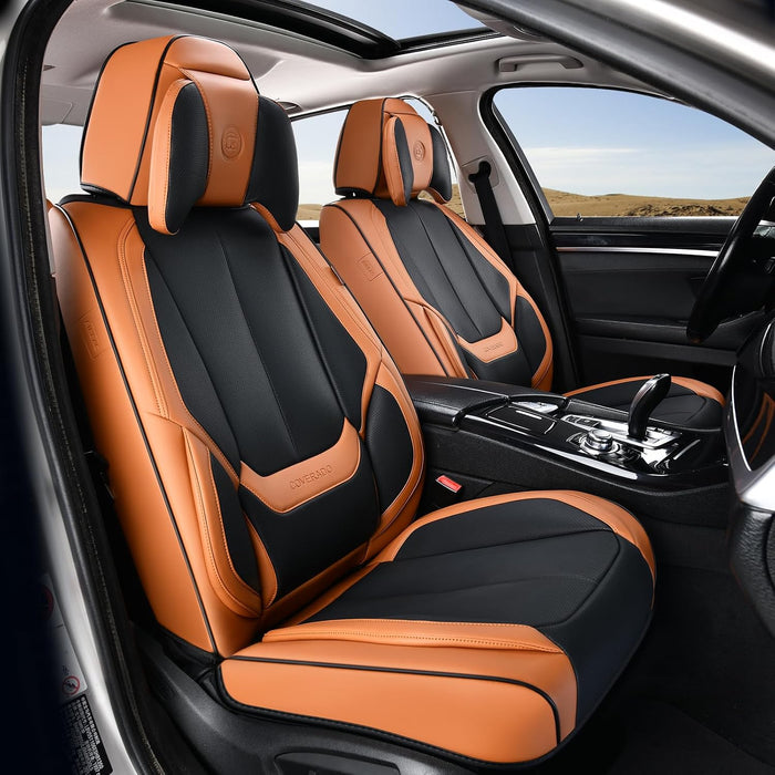 Universal Waterproof Nappa Leather Car Seat Covers Full Set for 5 Seats, Airbag Compatible, Black & Brown, Fits Cars, SUVs & Trucks