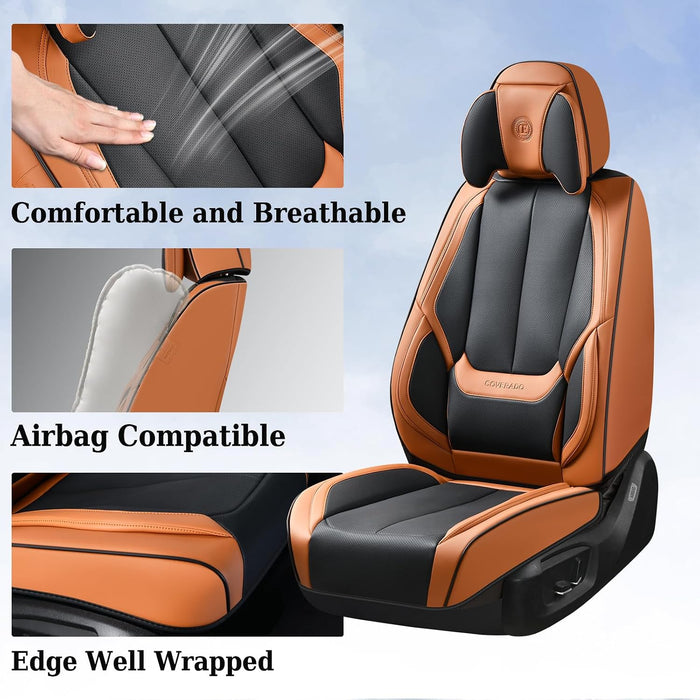 Universal Waterproof Nappa Leather Car Seat Covers Full Set for 5 Seats, Airbag Compatible, Black & Brown, Fits Cars, SUVs & Trucks