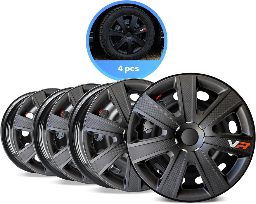 VR Carbon Vehicle Wheel Covers, Premium European-Made Rim Covers with 3-Step Retention System, Durable Hub Caps Fits Most Steel Wheels, Set of 4, 17 Inch