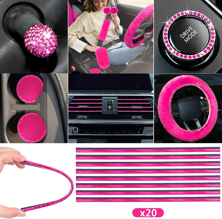 43 Pcs Car Seat Cover Full Set for Women Christmas Fuzzy Car Accessories Fluffy Steering Wheel Cover Front Rear & Belt Handbrake Shift Accessory for Winter (Rose Red)