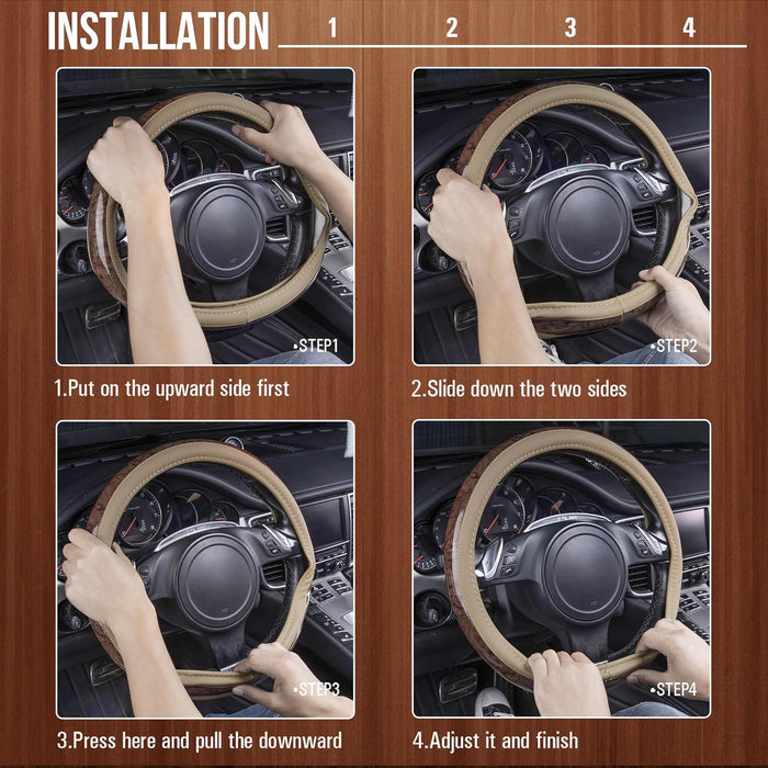 Wood Grain Microfiber Leather Steering Wheel Cover, Universal Fit for 14 1/2-15 Inch Beige Steering Wheel, Anti-Slip Veins Design, Cars,Suvs,Minivans, Sedans (Beige)