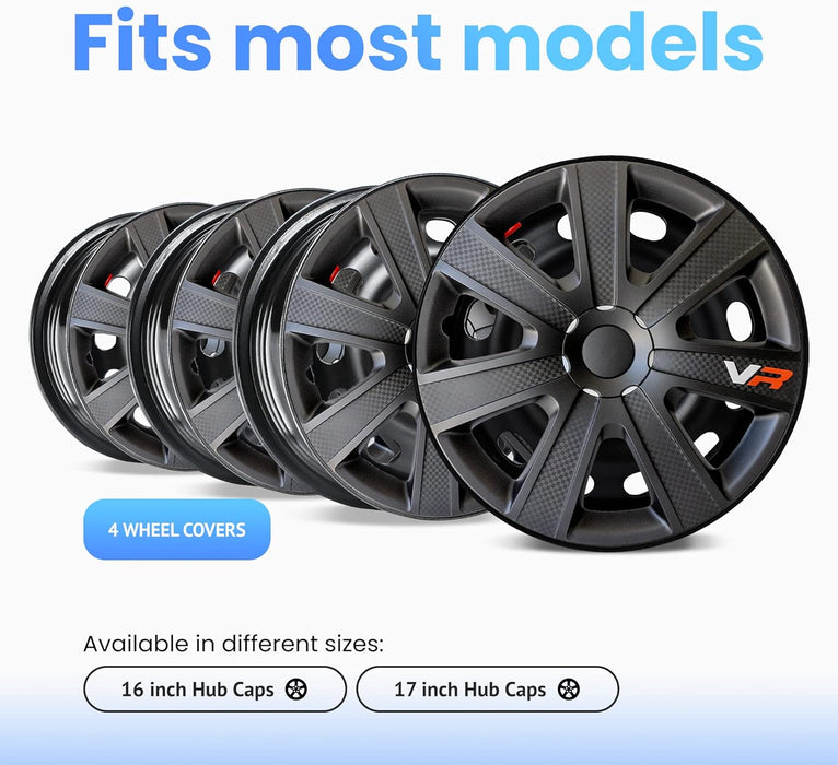 VR Carbon Vehicle Wheel Covers, Premium European-Made Rim Covers with 3-Step Retention System, Durable Hub Caps Fits Most Steel Wheels, Set of 4, 17 Inch