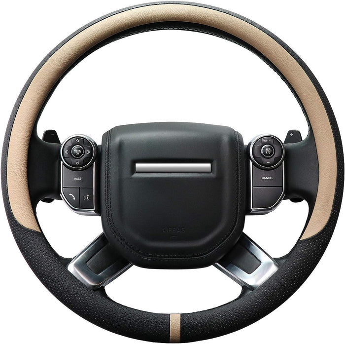 Breathable Car Steering Wheel Cover 16 Inch Auto Universal Leather Wrap Non-Slip Steeringwheel Protector Automotive Interior Accessories, Beige (Suit for 15.5-16 Inch)