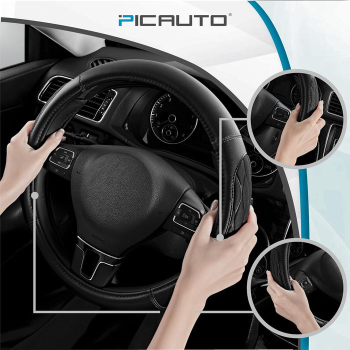 Steering Wheel Cover, Black Thick Rhombic Foam and Premium Leather, Universal 14.5-15.5 Inch Breathable Anti-Slip Steering Wheels Accessories for Men & Women