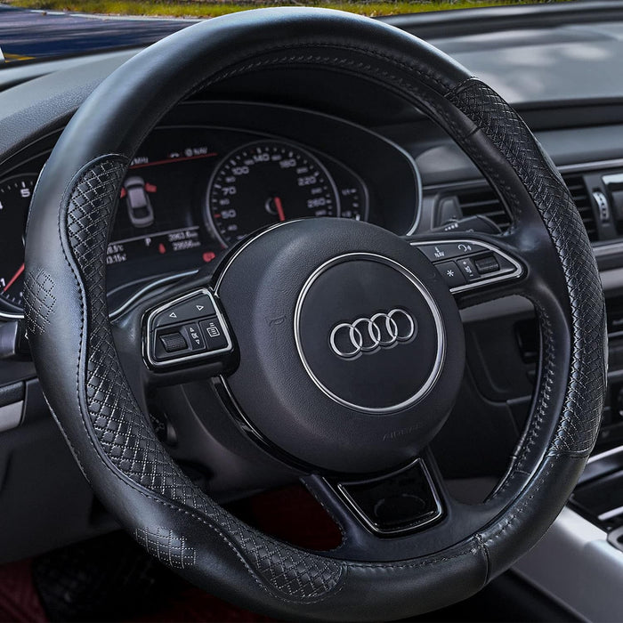 Heavy Duty Pure Cowhide Steering Wheel Cover, Black Genuine Leather Steering Wheel Cover Men Women Universal 14.5 to 15 Inch